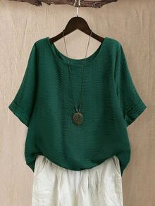 EMERY ROSE Blusa holgada de cuello redondo cómoda y sencilla para mujer de talla grande, para uso casual/diario/salir, color verde oscuro, para primavera/verano - Verde Oscuro - Ver 1