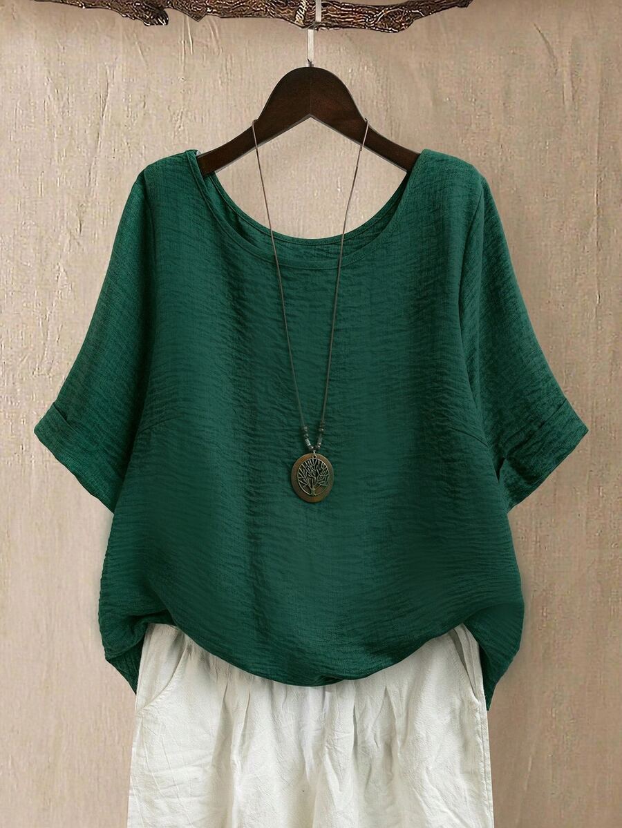 EMERY ROSE Blusa holgada de cuello redondo cómoda y sencilla para mujer de talla grande, para uso casual/diario/salir, color verde oscuro, para primavera/verano - Verde Oscuro - Ver 1