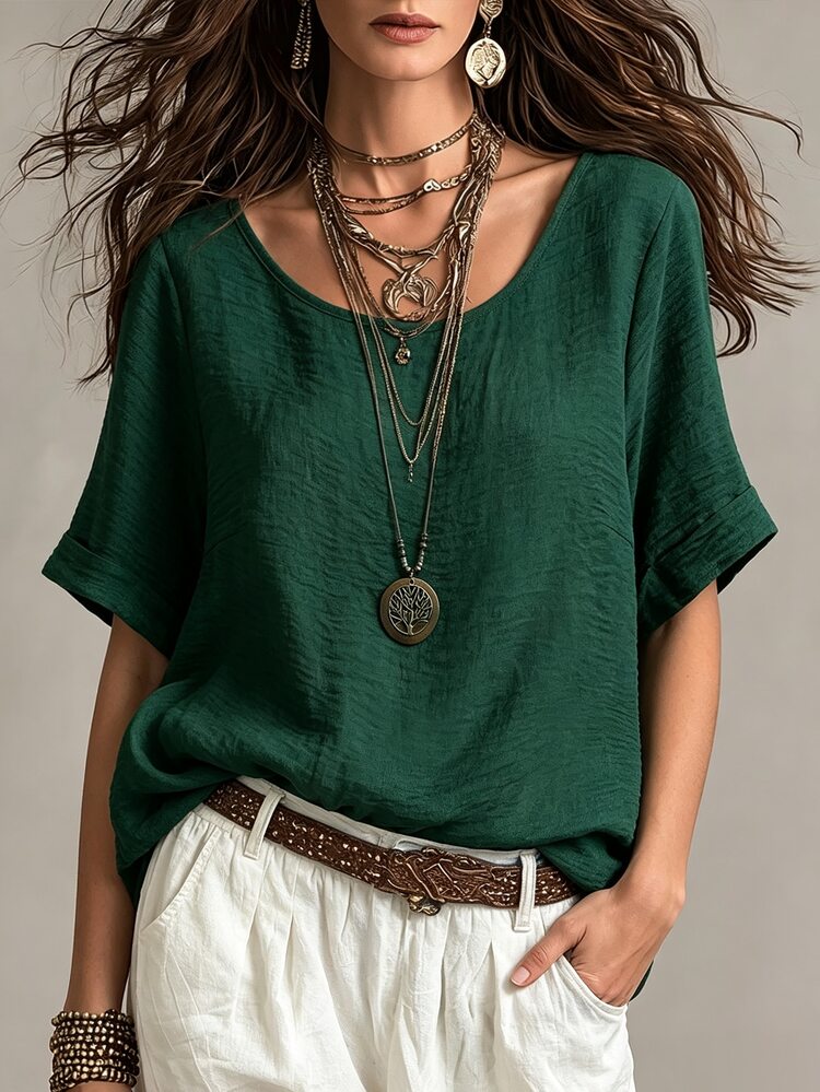 EMERY ROSE Plus Size Women Casual/Daily/Outgoing Round Neck Comfortable Simple Pullover Top, Spring/Summer, Dark Green - Dark Green - View 3