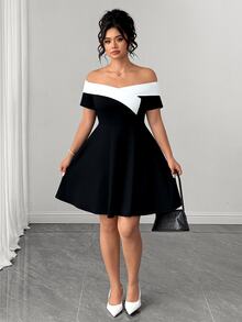 SHEIN LUNE CURVE Plus Size Women's Color Block Black And White Off-Shoulder Waist-Defining Dress Brunch Morning Summer Elegant - Black and White - View 6