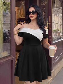 SHEIN LUNE CURVE Plus Size Women's Color Block Black And White Off-Shoulder Waist-Defining Dress Brunch Morning Summer Elegant - Black and White - View 1