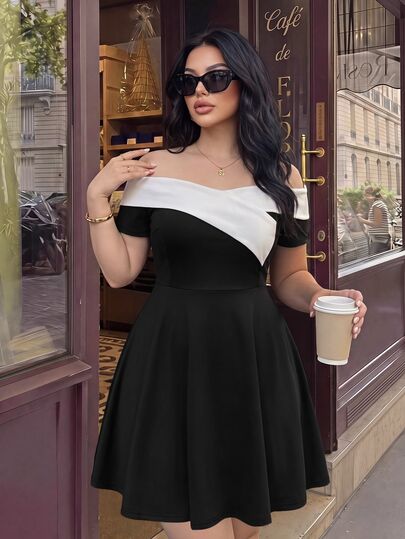 SHEIN LUNE CURVE Plus Size Women's Color Block Black And White Off-Shoulder Waist-Defining Dress Brunch Morning Summer Elegant