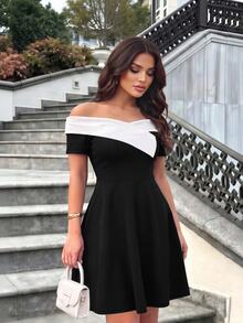 SHEIN LUNE CURVE Plus Size Women's Color Block Black And White Off-Shoulder Waist-Defining Dress Brunch Morning Summer Elegant - Black and White - View 8