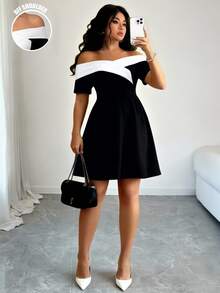 SHEIN LUNE CURVE Plus Size Women's Color Block Black And White Off-Shoulder Waist-Defining Dress Brunch Morning Summer Elegant - Black and White - View 4