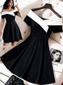 SHEIN LUNE CURVE Plus Size Women's Color Block Black And White Off-Shoulder Waist-Defining Dress Brunch Morning Summer Elegant - Black and White - View 7