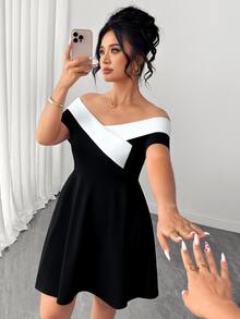 SHEIN LUNE CURVE Plus Size Women's Color Block Black And White Off-Shoulder Waist-Defining Dress Brunch Morning Summer Elegant - Black and White - View 5
