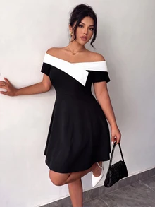 SHEIN LUNE CURVE Plus Size Women's Color Block Black And White Off-Shoulder Waist-Defining Dress Brunch Morning Summer Elegant - Black and White - View 3