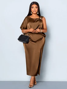 SOLERSUN Gaun Pesta Kasual Wanita Ukuran Besar Warna Polos dengan Desain Belahan - Coffee Brown - View 6