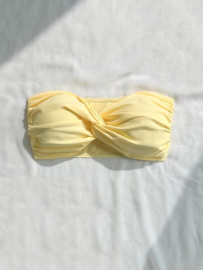 Swim Basics Top de bikini de bandeau con nudo delantero de unicolor para mujer, para playa de verano
