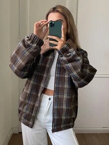 DAZY Women's Plaid Long Sleeve Zip-Up Casual Winter Jacket Fall - Blue - View 5