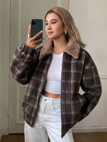 DAZY Women's Plaid Long Sleeve Zip-Up Casual Winter Jacket Fall - Blue - View 1