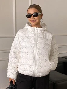 DAZY Women's Fashion Street Polka Dot Zipper Pocket Hooded Padded Coat Fall Jacket - Beige - View 11