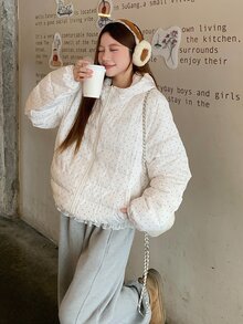 DAZY Women's Fashion Street Polka Dot Zipper Pocket Hooded Padded Coat Fall Jacket - Beige - View 6