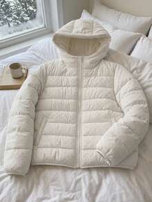 DAZY Women's Fashion Street Polka Dot Zipper Pocket Hooded Padded Coat Fall Jacket - Beige - View 14