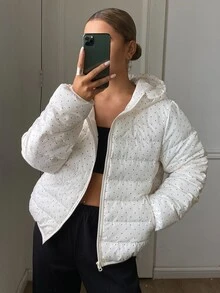 DAZY Women's Fashion Street Polka Dot Zipper Pocket Hooded Padded Coat Fall Jacket - Beige - View 7