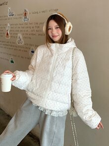 DAZY Women's Fashion Street Polka Dot Zipper Pocket Hooded Padded Coat Fall Jacket - Beige - View 3