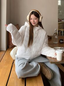 DAZY Women's Fashion Street Polka Dot Zipper Pocket Hooded Padded Coat Fall Jacket - Beige - View 5