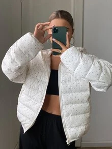 DAZY Women's Fashion Street Polka Dot Zipper Pocket Hooded Padded Coat Fall Jacket - Beige - View 9