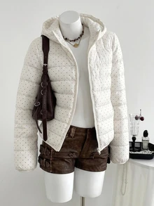 DAZY Women's Fashion Street Polka Dot Zipper Pocket Hooded Padded Coat Fall Jacket - Beige - View 2