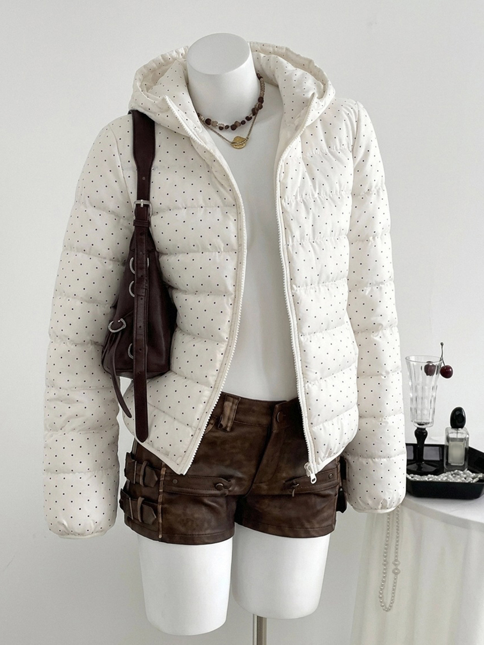 Women's Fashion Street Polka Dot Zipper Pocket Hooded Padded Coat Fall Jacket