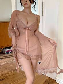 DAZY 2pcs/Set Women's Sexy Mesh And Lace Sleepwear Set, Spring Pajama - Apricot - View 5