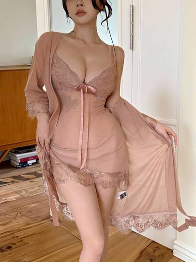 DAZY 2件套女士性感网眼蕾丝睡衣套装，春季睡衣