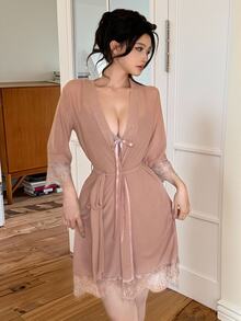 DAZY 2pcs/Set Women's Sexy Mesh And Lace Sleepwear Set, Spring Pajama - Apricot - View 4