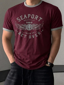 DAZY Men's Summer Contrast Color Collar Round Neck Letter Print Slim Fit T-Shirt Graphic Tee - Burgundy - View 2