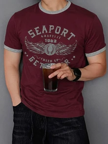 DAZY Men's Summer Contrast Color Collar Round Neck Letter Print Slim Fit T-Shirt Graphic Tee - Burgundy - View 3