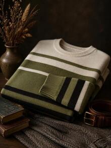 Vientiro 男士條紋休閒長袖圓領毛衣 - 軍綠色 - 查看 2