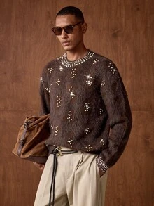 Vientiro AKNOTIC 男士長袖時尚套頭毛衣－豹紋提花重裝飾珠飾－秋冬新款－寬鬆休閒，春季 - 咖啡棕 - 查看 2