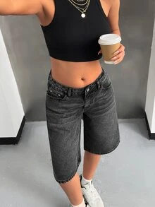 SHEIN Cottnline Women Gray Knee Length Casual Kawaii Denim Shorts Curve Formal Rave - Dark Wash - View 7