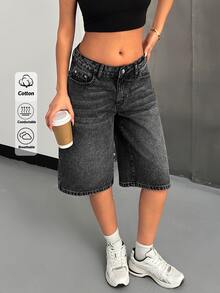 SHEIN Cottnline Women Gray Knee Length Casual Kawaii Denim Shorts Curve Formal Rave - Dark Wash - View 9