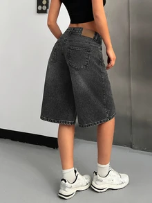SHEIN Cottnline Women Gray Knee Length Casual Kawaii Denim Shorts Curve Formal Rave - Dark Wash - View 3