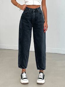 SHEIN Women High Waist Dark Wash Mom Jeans Curve - Dark Wash - View 6