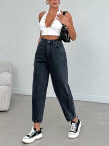 SHEIN Women High Waist Dark Wash Mom Jeans Curve - Dark Wash - View 12