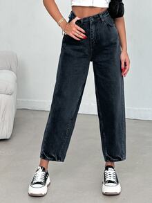 SHEIN Women High Waist Dark Wash Mom Jeans Curve - Dark Wash - View 9