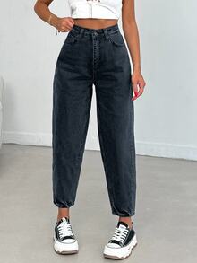 SHEIN Women High Waist Dark Wash Mom Jeans Curve - Dark Wash - View 3