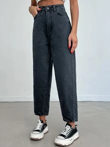 SHEIN Women High Waist Dark Wash Mom Jeans Curve - Dark Wash - View 7