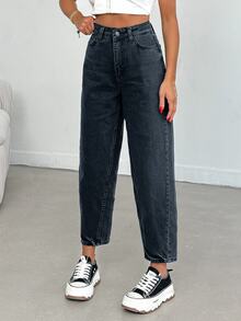 SHEIN Women High Waist Dark Wash Mom Jeans Curve - Dark Wash - View 10