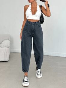 SHEIN Women High Waist Dark Wash Mom Jeans Curve - Dark Wash - View 11