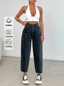 SHEIN Women High Waist Dark Wash Mom Jeans Curve - Dark Wash - View 5