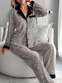SHEIN Women's Leopard Print Contrast Collar Button Front Casual Pajama Set - Multicolor - View 5