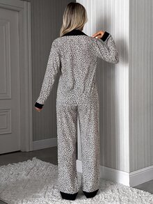 SHEIN Women's Leopard Print Contrast Collar Button Front Casual Pajama Set - Multicolor - View 2