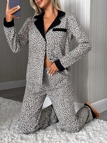 SHEIN Women's Leopard Print Contrast Collar Button Front Casual Pajama Set - Multicolor - View 4