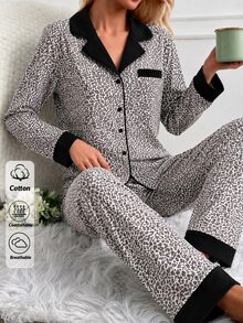 SHEIN Women's Leopard Print Contrast Collar Button Front Casual Pajama Set - Multicolor - View 6