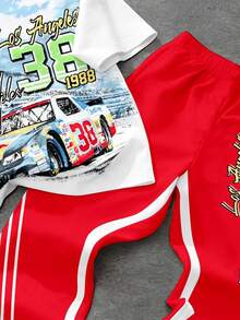 Tween Boy Casual Comfortable Fashion Minimalist Crew Neck Short Sleeve Flare Pants T-Shirt Set, Classic Handsome Retro Racing Car Graphic Print, Classic Text Graphic Print, Suitable For Sports, Y2K - Multicolor - View 5