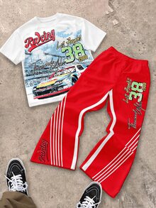 Tween Boy Casual Comfortable Fashion Minimalist Crew Neck Short Sleeve Flare Pants T-Shirt Set, Classic Handsome Retro Racing Car Graphic Print, Classic Text Graphic Print, Suitable For Sports, Y2K - Multicolor - View 2