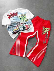 Tween Boy Casual Comfortable Fashion Minimalist Crew Neck Short Sleeve Flare Pants T-Shirt Set, Classic Handsome Retro Racing Car Graphic Print, Classic Text Graphic Print, Suitable For Sports, Y2K - Multicolor - View 1