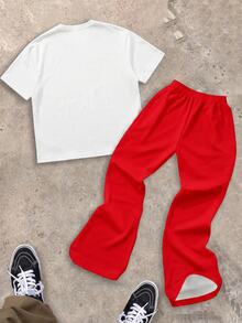 Tween Boy Casual Comfortable Fashion Minimalist Crew Neck Short Sleeve Flare Pants T-Shirt Set, Classic Handsome Retro Racing Car Graphic Print, Classic Text Graphic Print, Suitable For Sports, Y2K - Multicolor - View 3
